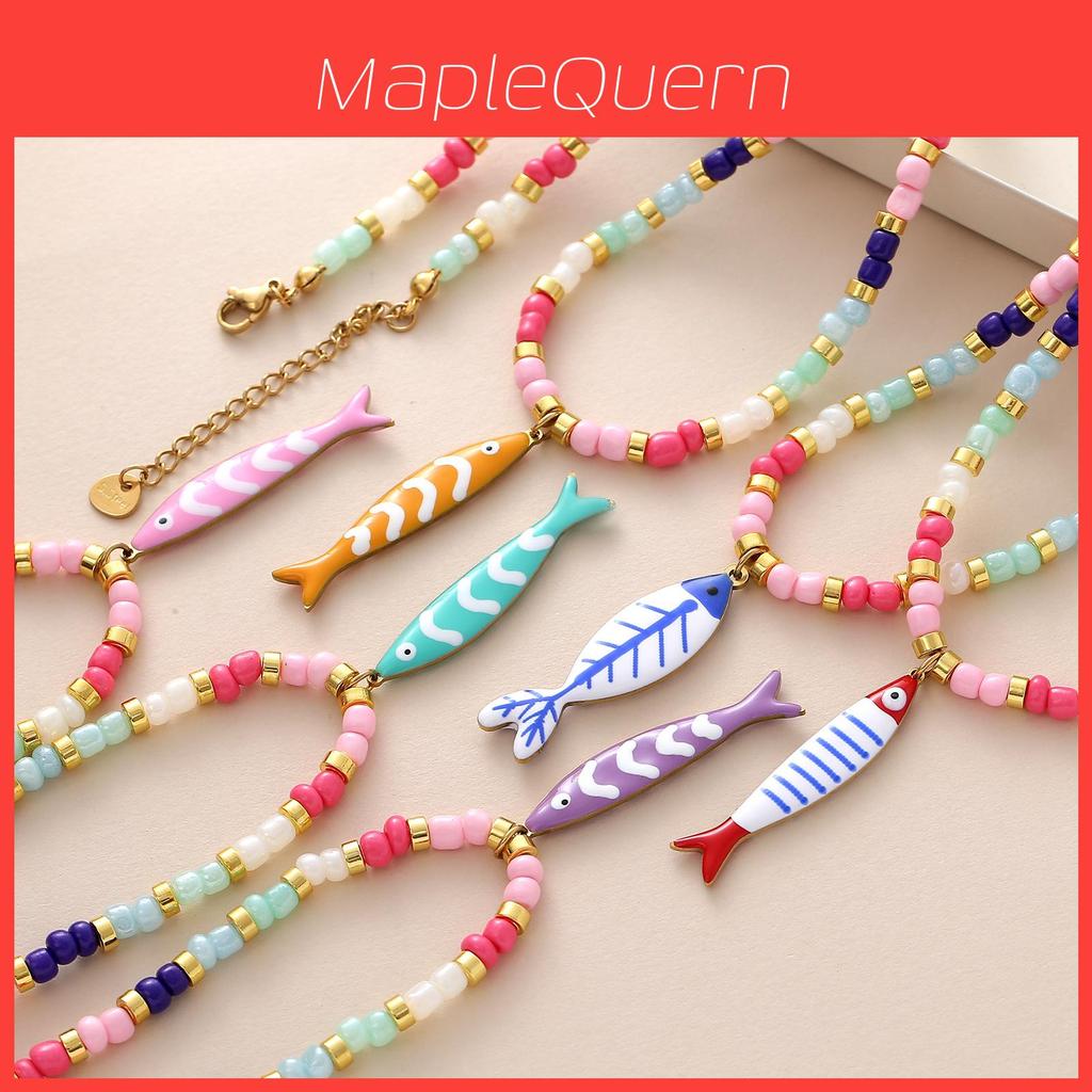 Collana con Ciondolo Pesce Bohemien con Perline Colorate e Catena in Acciaio Inossidabile per Donne e Uomini