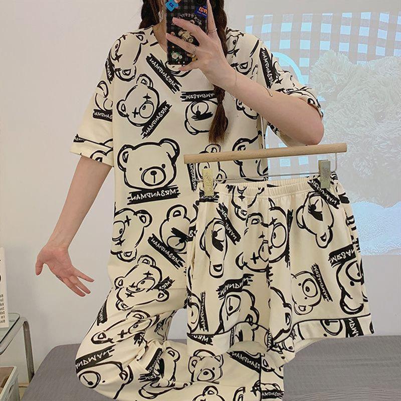 Summer new pajamas female cute cartoon short sleeves short trousers women's casual loungewear three-piece set