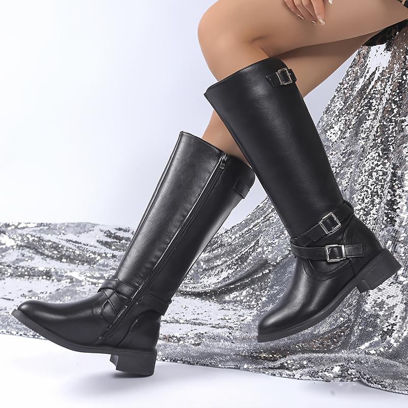 Black Pu Leather Riding Boots Women Fashion Buckle High Heels Knee High Boots Woman Autumn Winter Side Zipper Long Botas Mujer