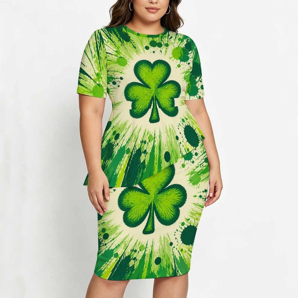 Women Plus Size Dark Green Shamrock Printed Round Neck Short Sleeve Asymmetric Top And Fitted Skirt Two Piece Set