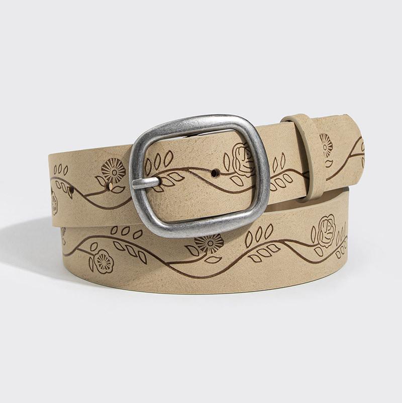 Old Style Embossed Faux Leather Waist Belt With Pin Buckle For Vintage Fashion