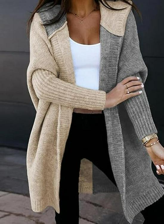 Color Block Hooded Knit Cardigan - Women's Mid-Length Outerwear for Autumn/Winter 2025