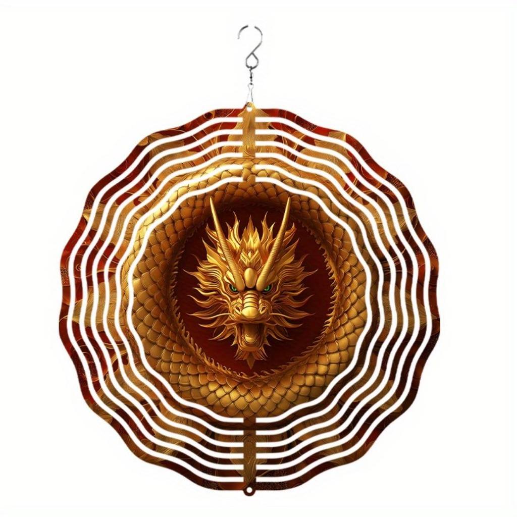 Golden Dragon Hanging Wind Spinner - 360° Rotating Metal Garden Decor with Fierce Dragon Design, Vibrant Red & Golden Colors