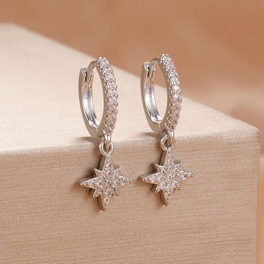 New Star Zircon Stainless Steel Pendant Hoop Earrings For Women 18K Gold Plated Pendientes Wedding Party Jewelry Accessory
