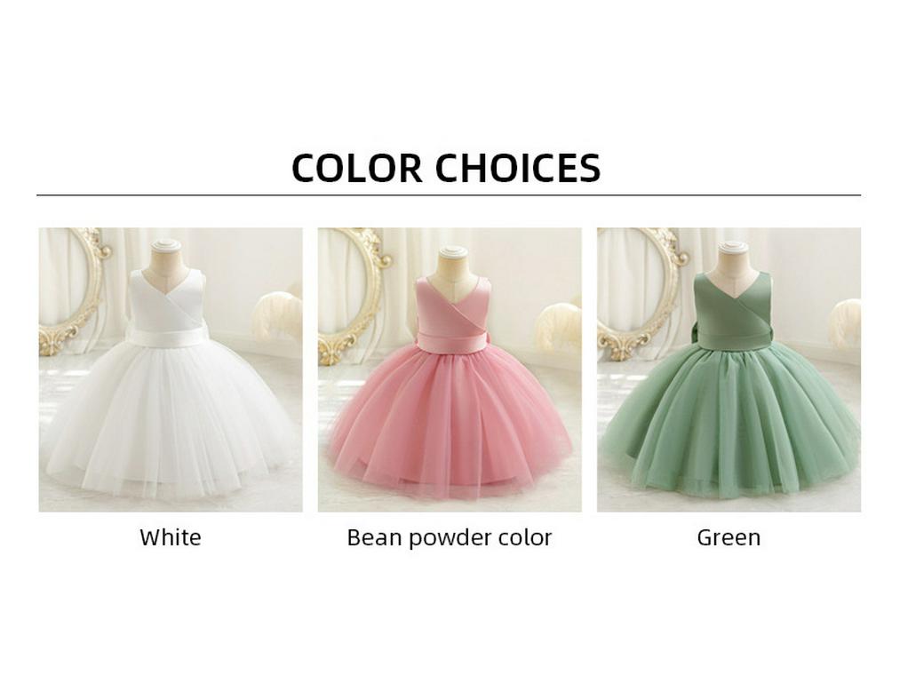 Cross-Border Baby Girl Mesh Princess Dress | V-Neck Puff Bow Design | Summer Flower Girl Wedding Attire
