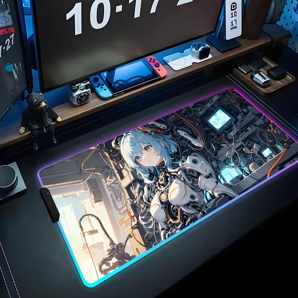 Anime Girl Mecha Mouse Pad RGB Gaming Mousepad Big LED Pad PC Desk Mat Luminous Mouse Pad Large Keyboard Mats Table Rug With