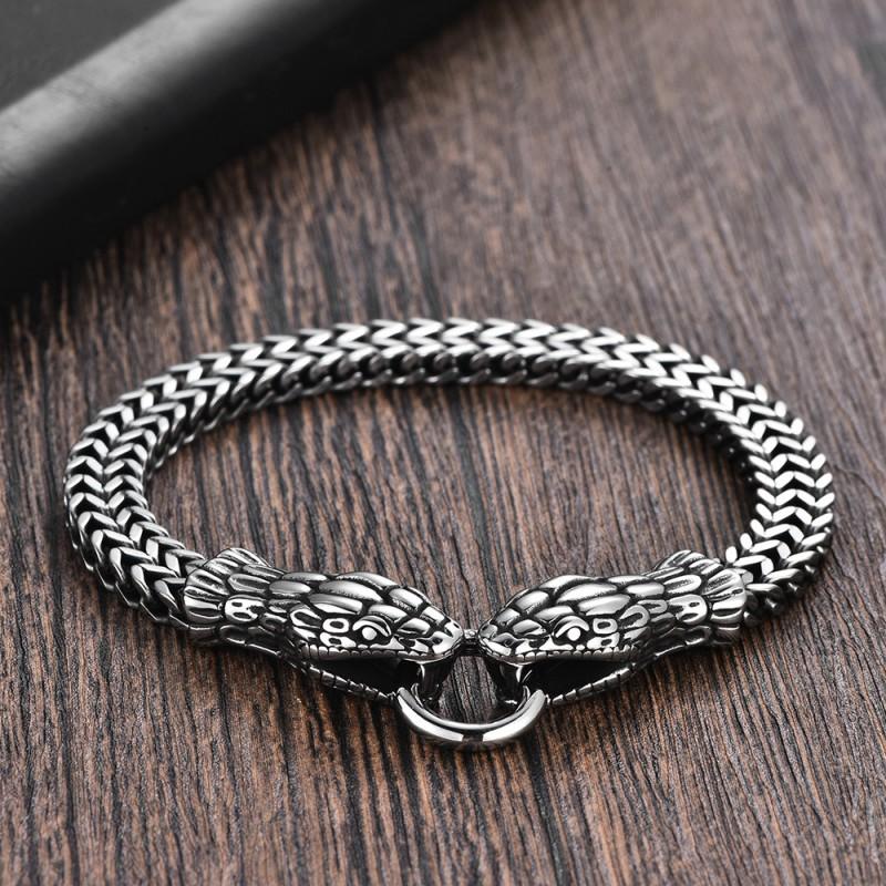 Mens Stainless Steel Double-Headed Snake Bracelet Punk Rock Retro Style Polished Titanium Bangle Fashion Statement