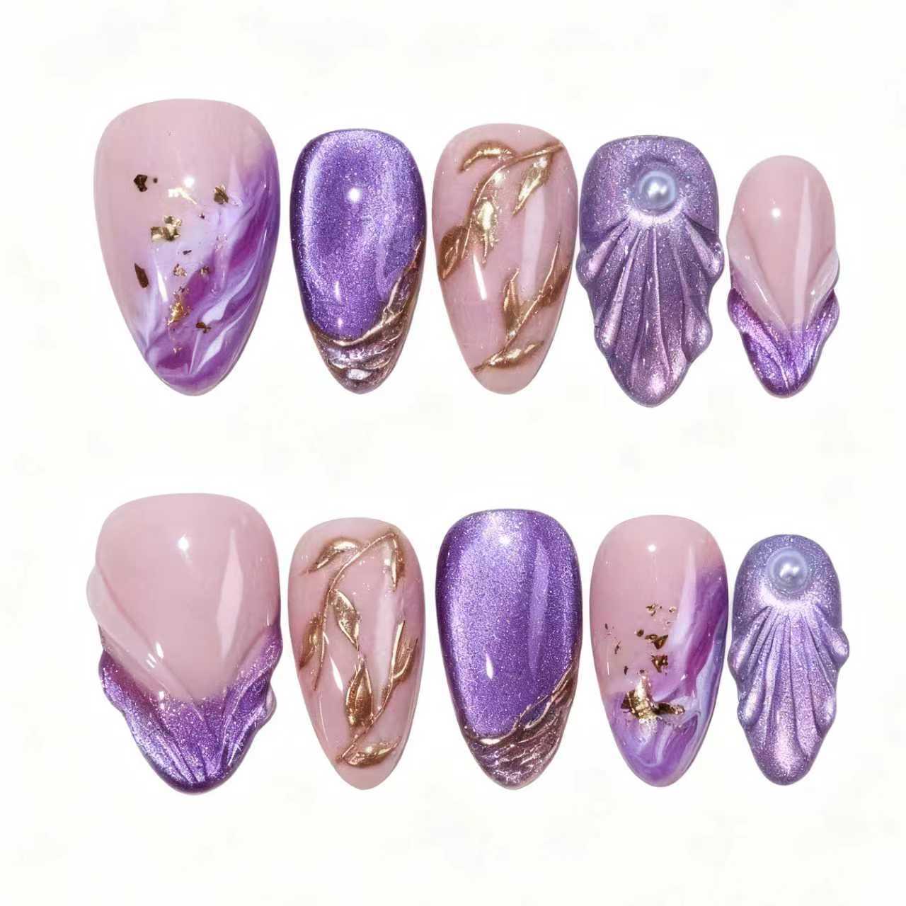 30-Piece Gold Foil Cat Eye 3D Purple Pearl Rhinestone Almond Nail Art Tips
