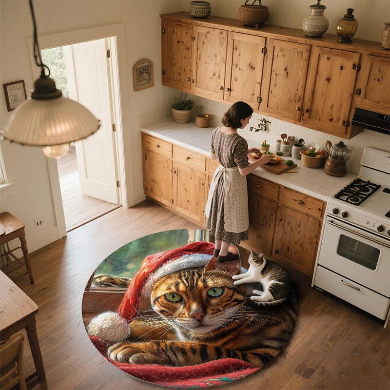 Christmas Cat pattern round rug,Carpet Rug for Living Room Bedroom Playroom ,Non-slip Floor Mat,Holiday Gifts and Birthday Gifts.