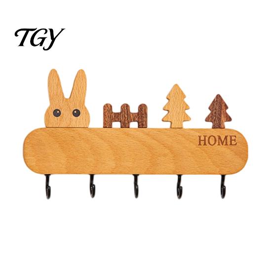 Adhesive Key Rack for Wall Wooden Holder with 5 Hooks, Cartoon House Theme Organizer, Multi Heavy Duty Screw Fixation Hooks Purpose Hanging