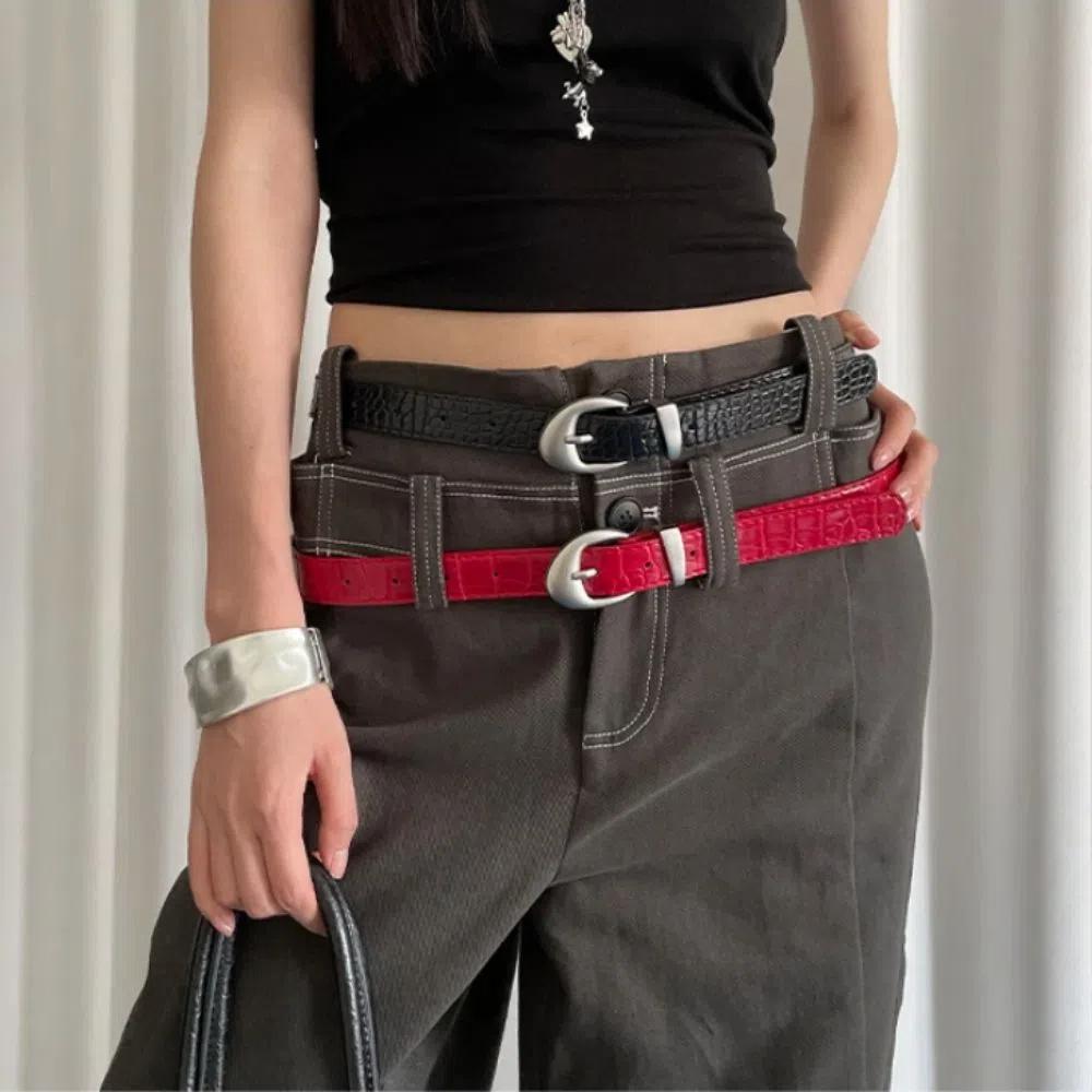

Crocodile Pattern Thin Waist Belt Y2k Dress Jeans Belt Fashionable Women s Belt For Ladies червоний