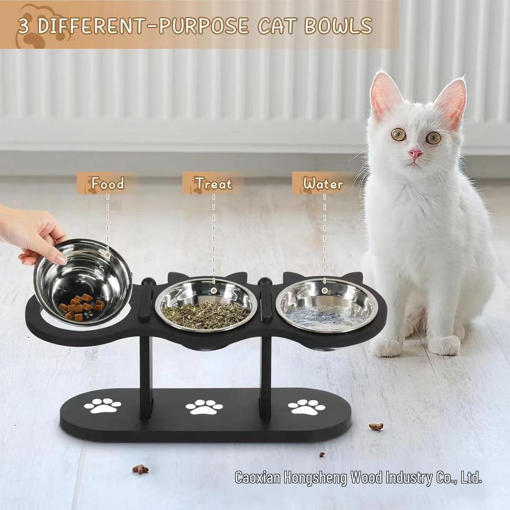 Adjustable Pet Feeder for Dogs & Cats: Wooden Three-Bowl Dining Table with Integrated Water & Food Bowls, Neck Protection