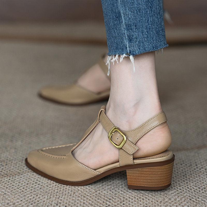 Coarse Heel Sandals Women'S Summer Soft French Medium Heel Rear Empty Bag Head T-Belt Casual Women'S Shoes Waterproof Table