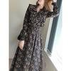 Women's French Ruffled Floral Midi Dress for Spring/Autumn with Cinched Waist and Bow Tie Details