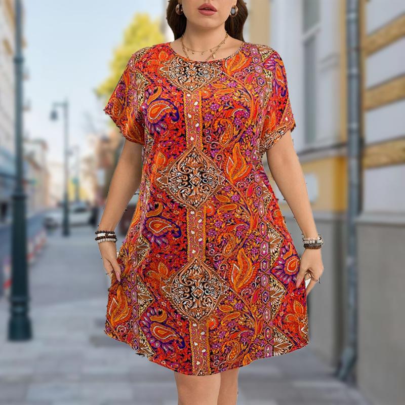 

Женская мода изящный ретро принт лето весна короткий рукав О-образный вырез повседневные платья 5XL красный