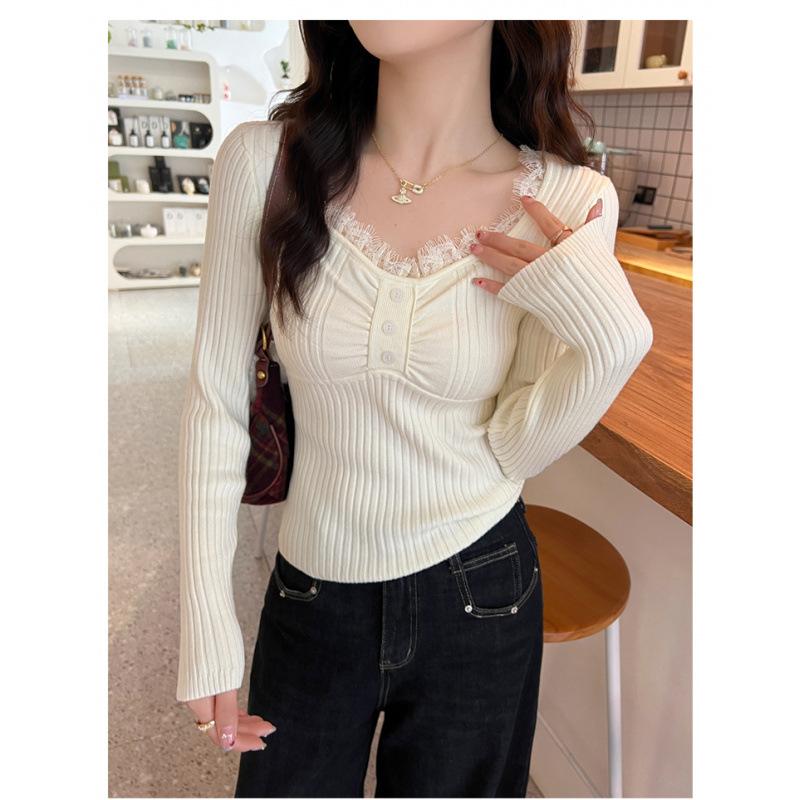 

Кружевной вязаный базовый топ женский внутренний облегающий приталенный сезон новый модный свитер короткий топ One Size белый