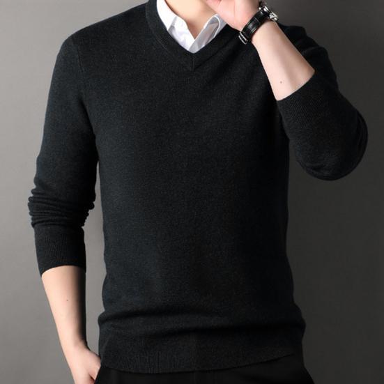 Suéter de otoño e invierno para hombre, cuello en V, tejido de color sólido, elástico, largo medio, estilo formal de negocios