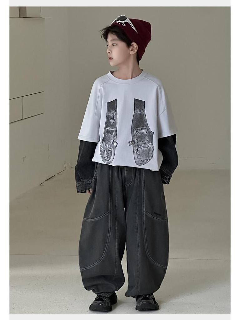 Dziecięce dżinsowe spodnie scimitar: Punkowe haftowane proste nogawki na wiosnę i jesień 2025 - Modna moda chłopięca.