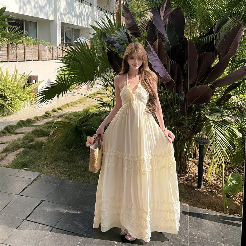Bohemian Halter Neck Apricot Suspender Dress Women's Summer High-end Seaside Beach Vacation Dress