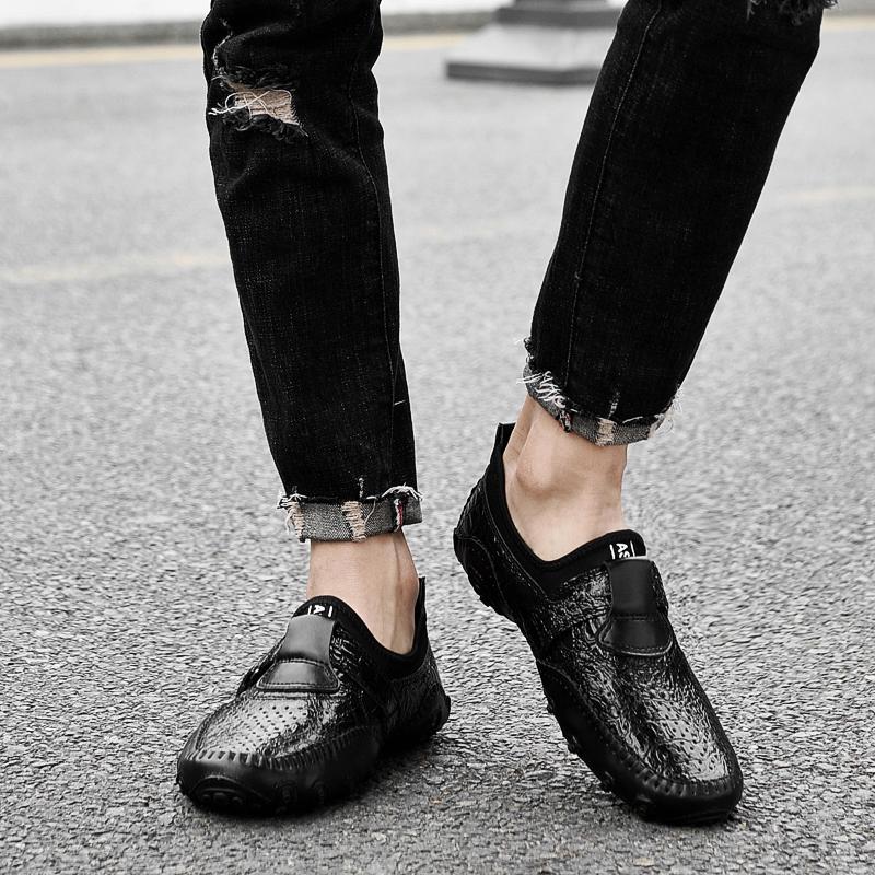 Men's Leather Crocodile Patterned Bean Shoes Hollow Breathable Large Size Octopus Shoes Brand Full Grain Leather Men Dress Shoes