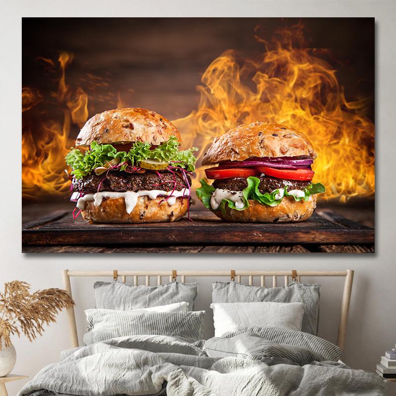 Amerikanischer Stil Fast-Food-Bilder, Leinwandgemälde, Hamburger, Pommes, Hot Dog, Poster und Drucke für Wohnzimmer, Küche, Wanddekoration