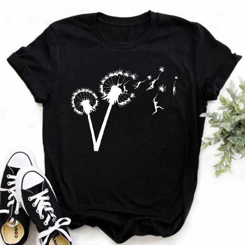 New Summer  Dandelion Butterfly Print Women Tshirt Casual White and Black T-shirt Funny T Shirt Gift for Lady Young Girl Tops