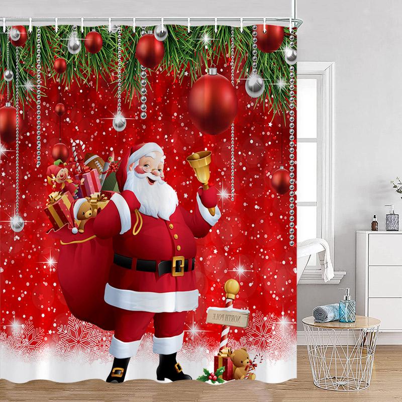 Funny Christmas Shower Curtain Red Santa Claus Cute Blue Snowman Winter Forest Landscape Cloth Home Bathroom Decor Bath Curtains