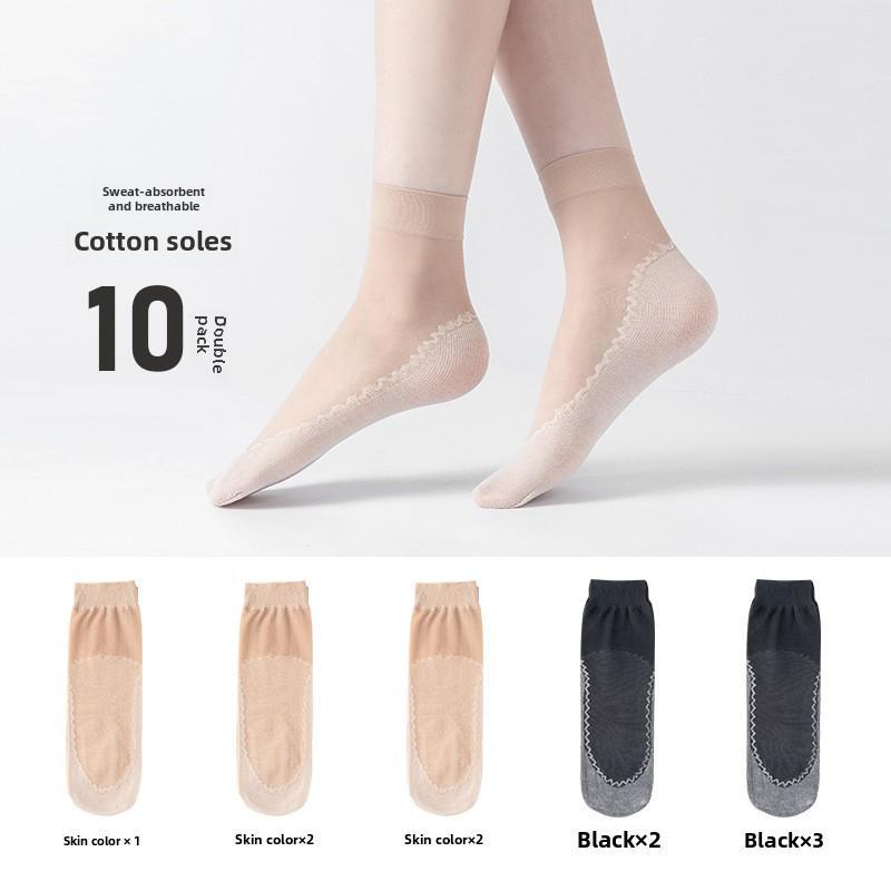 Bonas Women's Transparent Non-Slip Short Socks - Spring/Summer Thin Crystal Silk, Cotton Sole, Anti-Hook, Wear-Resistant.