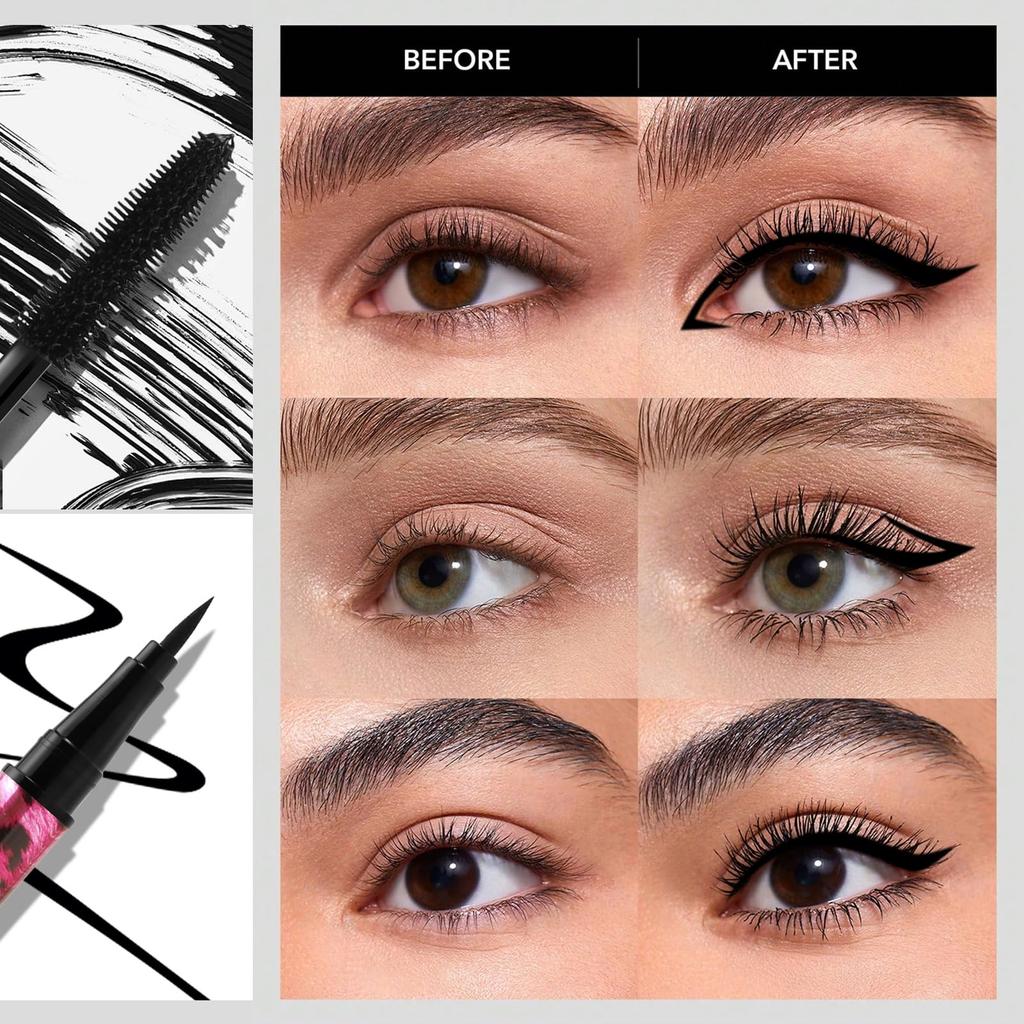 Boobeen Liquid Eyeliner and Mascara Set: Black Eyeliner, Waterproof Flash Mascara for Volume & Length, for Deep, Glamorous Eye Makeup