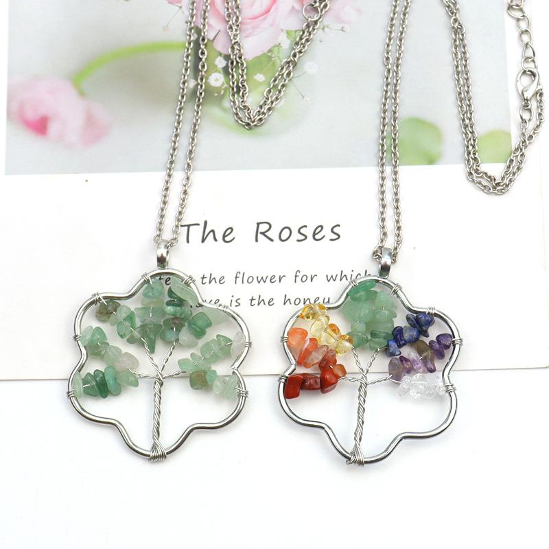 Silver Winding Flower Tree Of Life Necklace Gravel Crystal Pendant N72
