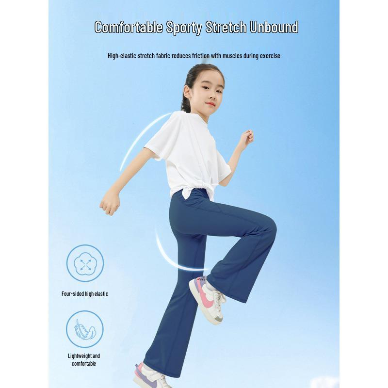 Girls' Short-Sleeve Ice Silk Activewear Set: Quick-Dry Elastic Yoga Flare Pants - Two-Piece Parent-Child Summer Outfit