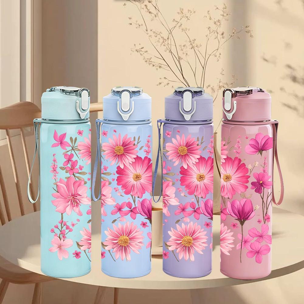 1PC Cluster Of Pink Wild Flowers Print 750ml Color Plastic Sports Water Bottle Leakproof Flip Straw Lid Suitable for Sports Office Home Use