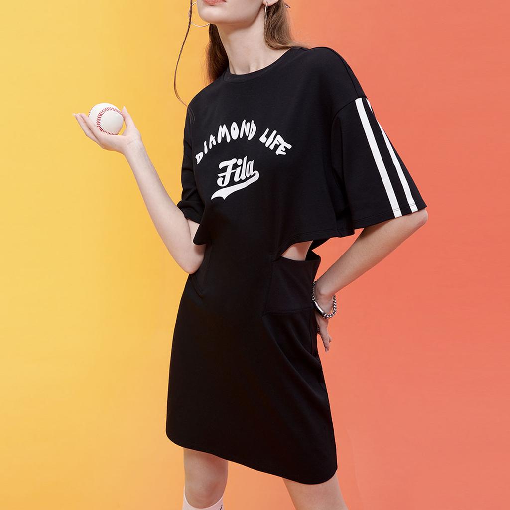 Fila Fusion Inline Letter Print Trendy Sports Slim Fit Short Sleeve Dress Women Dresses Black T11W332306F-BK