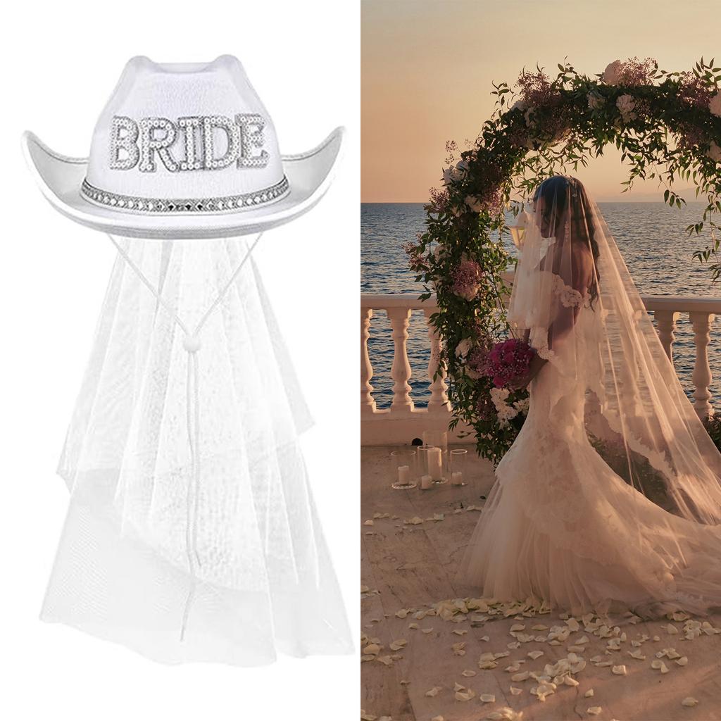 Bride Veil Hat with Hand Beading Blingbling Crystal Cowgirl Hat Beaded Heavy Cowgirl Hat for Bachelorette Party