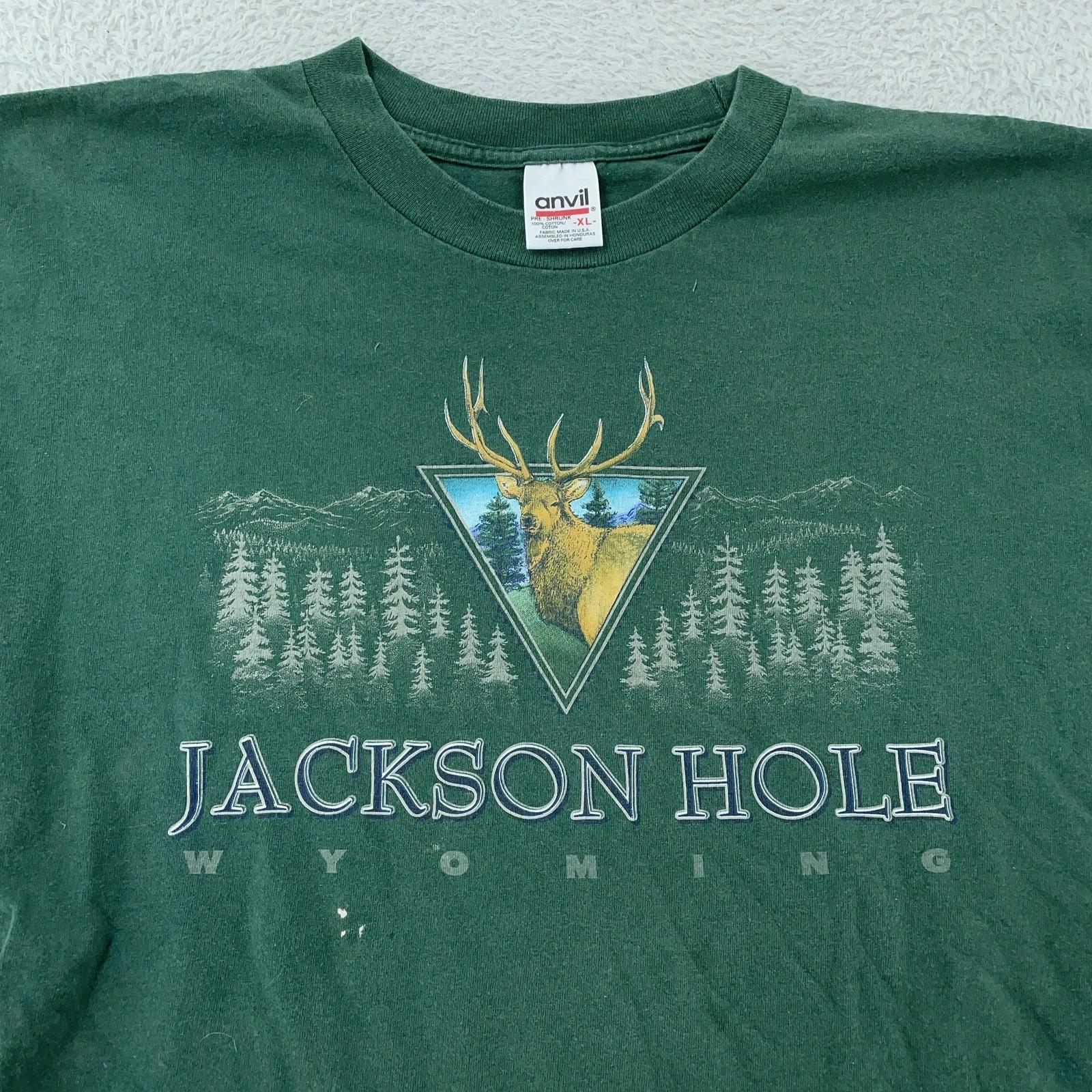 Vintage Jackson Hole Wyoming Shirt Mens Large Green Elk Deer Nature Graphic Tee S
