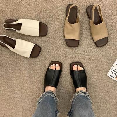 Sandálias de Bico Quadrado Femininas Verão Novo Cor Sólida Fundo Plano Moda Bico Aberto Sandálias de Praia Chinelos