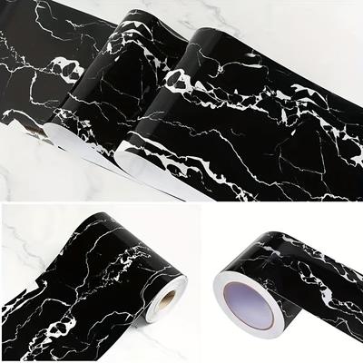 1 Roll 7.87*393.74in Black Crack Marble Waterproof Waistline Waterproof Self-adhesive Skirting Line PVC Kitchen Back Panel Living Room Decorative