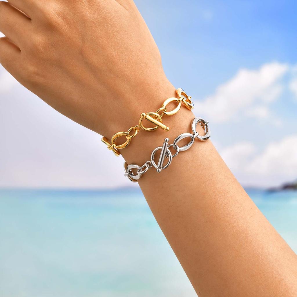 Chunky Stainless Steel Oval Chain Bracelet for Women Girl, 18K Gold Plated OT Buckle Bracelet, Waterproof Jewelry Gift