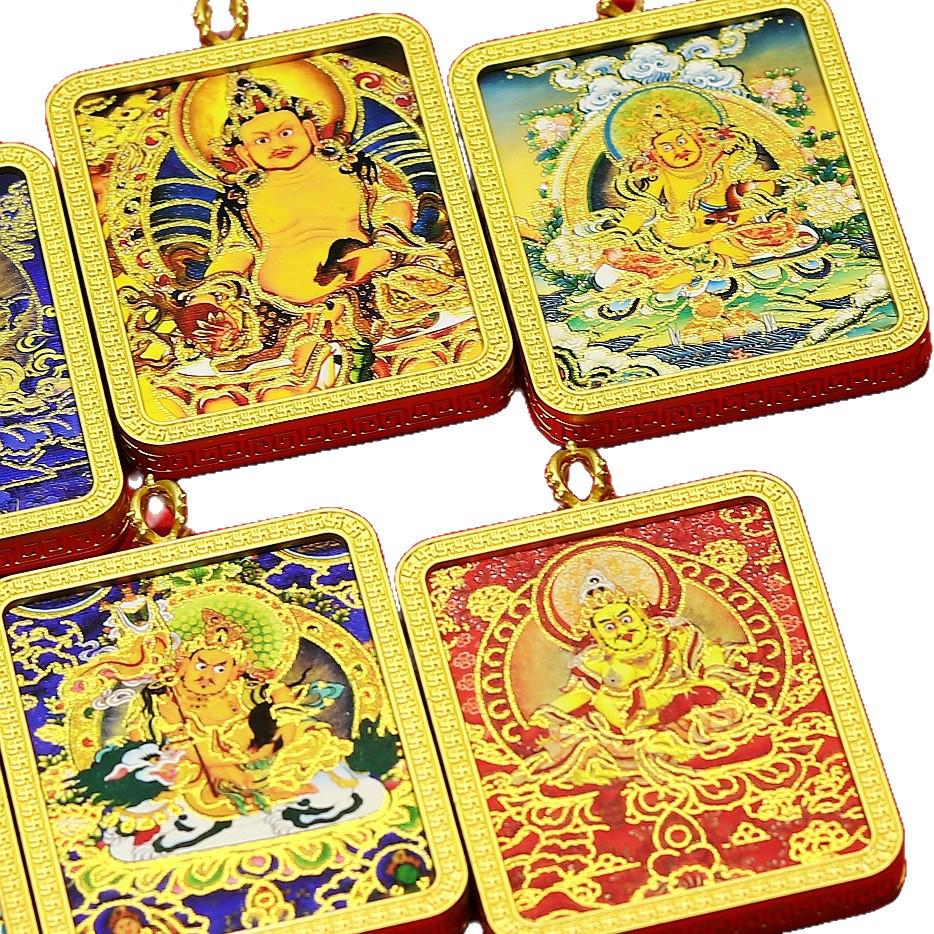 Yellow Jambhala Tibetan Thangka Gold Pendant Necklace with Fashionable Rope for Attracting Wealth