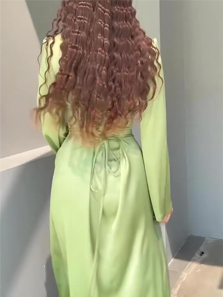 Waist-Cinching V-Neck Long Sleeve Elegant Dress 2024 - Slim-Fitting European & American Style