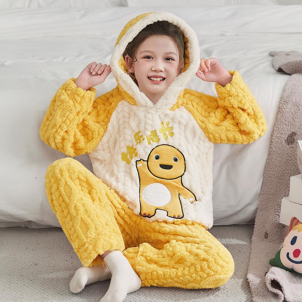 Kids Flannel Pajamas Set Boys Girls Warm Long Sleeve Top And Pants Sleepwear Winter Home Nightwear