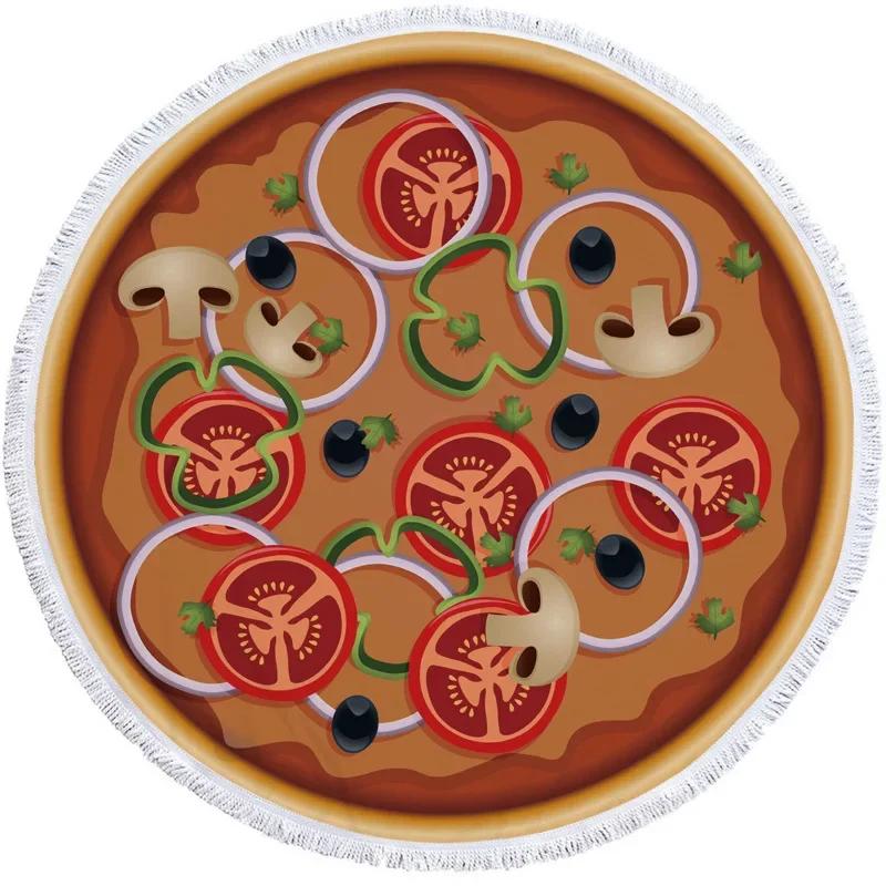 Printed Pizza Case Round Beach Towel 3D Print Microfiber Tassel Living Room Wall Hanging Tapestry Plush Yoga Mat