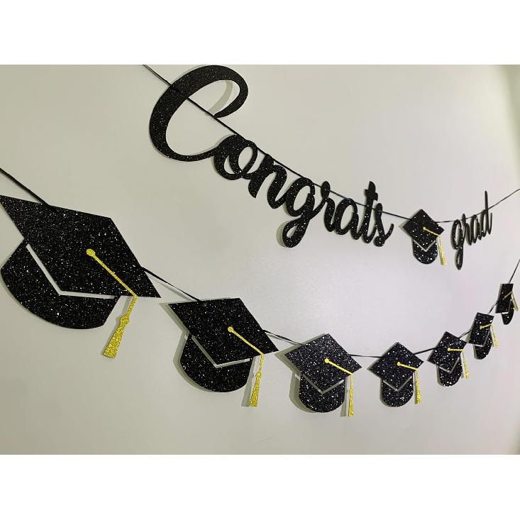 Graduation Decorations Class of 2026 Party Supplies - Congrats Grad Banner and Graduation Cap Banner (Pre-Strung)