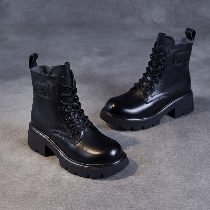 Johnature Genuine Leather Wool Short Boots Warm Snow Boots Thick Heel Thick Soled Women's Boots