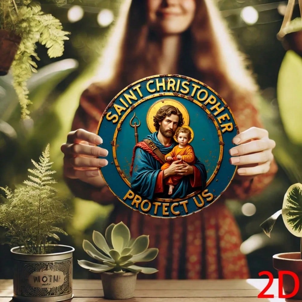 St Christopher Medal Tin Sign Religious Wall Decor Vintage Blue Gold Circular