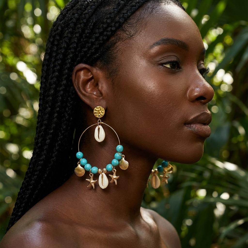 Bohemian Shell Starfish Turquoise Bead Large Hoop Earrings for Women Metal Conch Seashell Circle Dangle Earring Vacation Jewelry