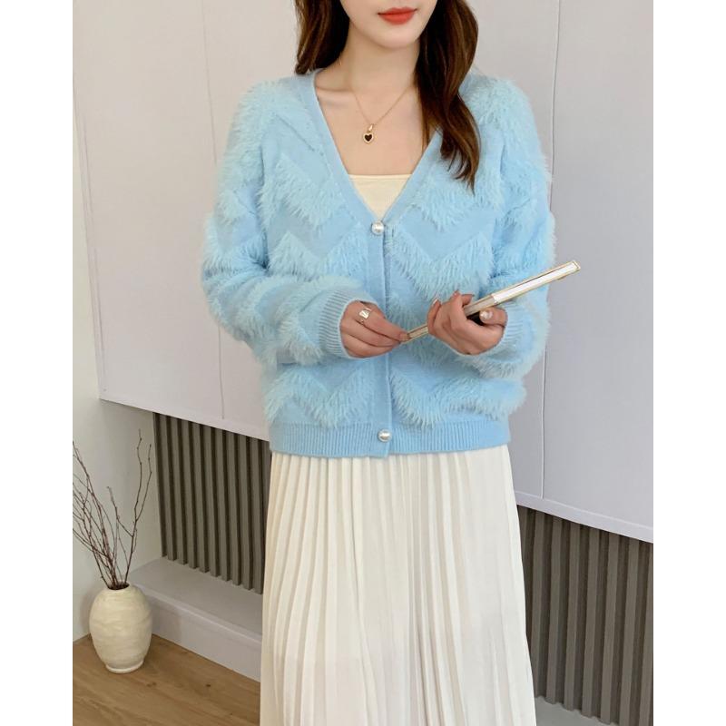 

Imitation mink fleece sweater loose and versatile V-neck temperament casual knitted cardigan jacket one size fits all синий