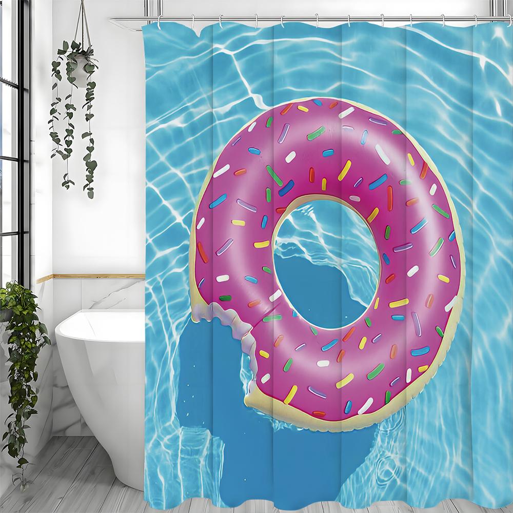 Ocean Donut Swimming Ring Shower Curtain, Bathroom Decorative Shower Curtain, Waterproof Shower Curtain with Hooks