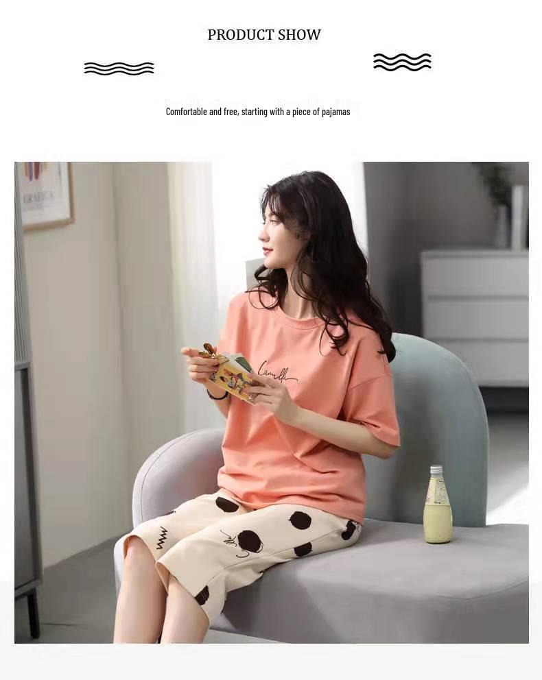 Korean Style Women's Summer Pajama Set – Imitation Cotton, Short Sleeve, Capri Pants, Thin, Cute, Plus Size
