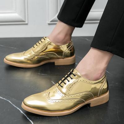 Fashion New Gentleman Gold Black Lace Up Brogues Formal Dress Shoes For Men Male Wedding Prom Homecoming Flats Sapato Social Masculino